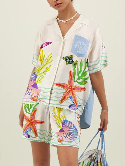 Unique Ocean Shell Print Loose Shorts Two-piece Set