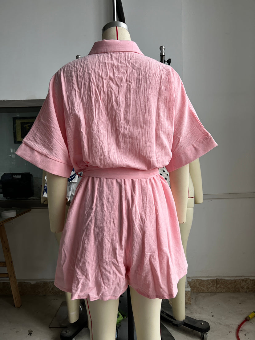 Clothing Polo Collar Mid Sleeve Waist Lace Up Loose Romper