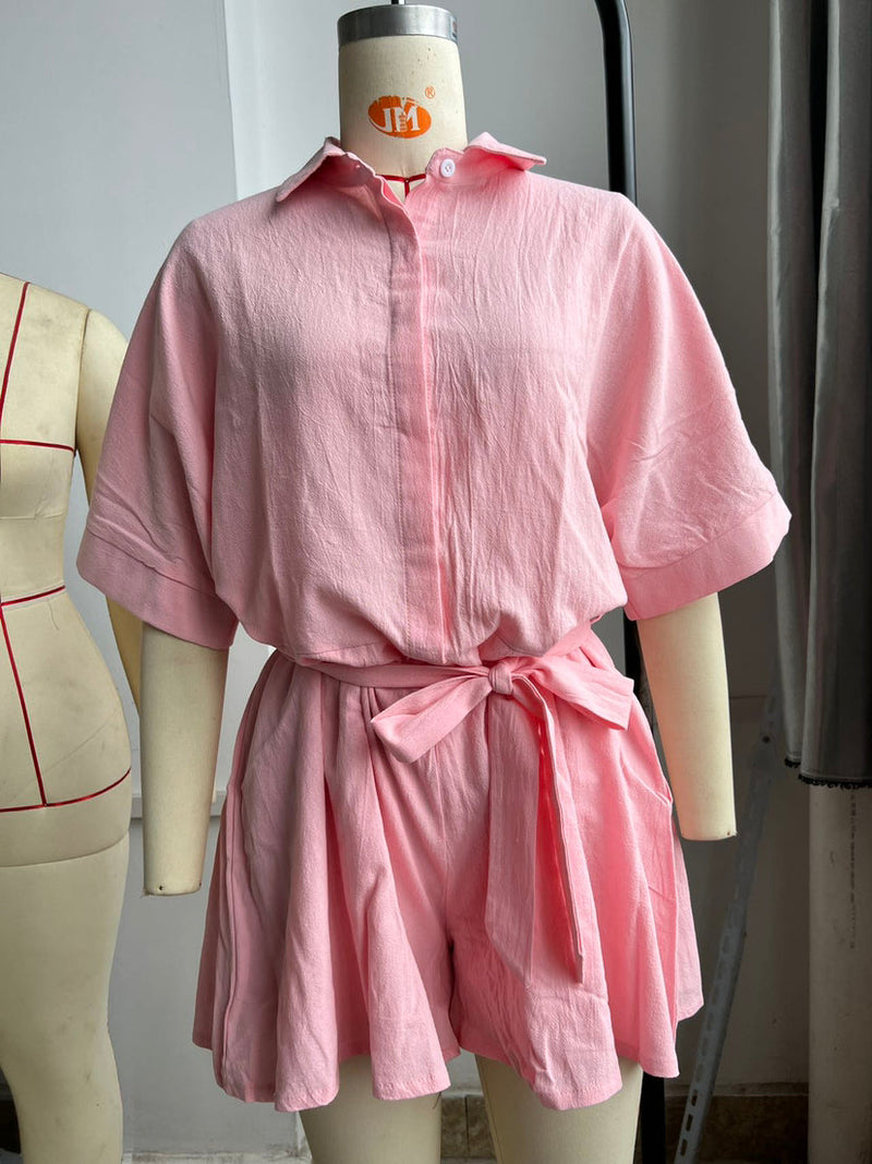 Clothing Polo Collar Mid Sleeve Waist Lace Up Loose Romper