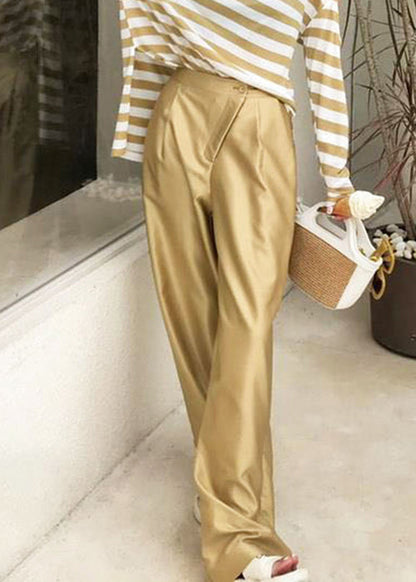 New Gold Button Pockets High Waist Silk Pants Summer Qp001