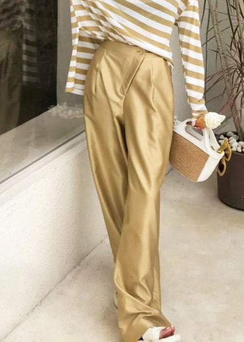 New Gold Button Pockets High Waist Silk Pants Summer Qp001