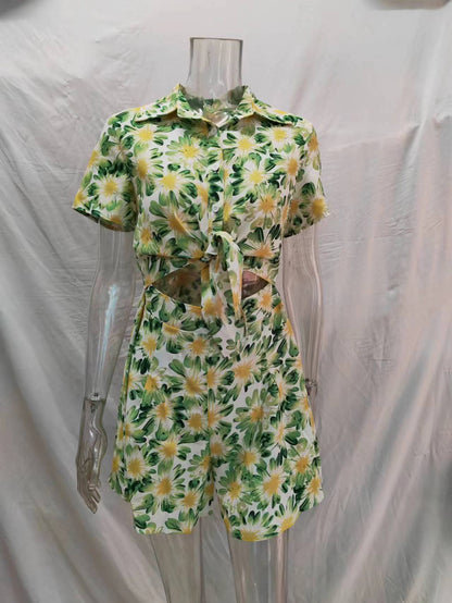 Summer Vacation Short Sleeve Tie Rompers