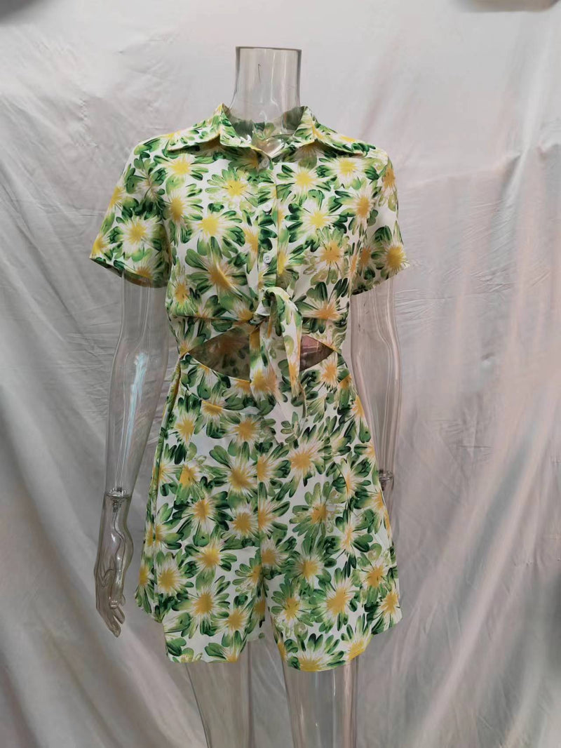 Summer Vacation Short Sleeve Tie Rompers