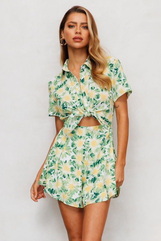 Summer Vacation Short Sleeve Tie Rompers