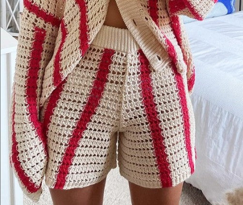 Autumn Sweet Striped Hollow Out Cutout Two Piece Knitted Cardigan Coat