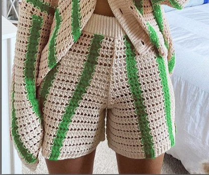 Autumn Sweet Striped Hollow Out Cutout Two Piece Knitted Cardigan Coat