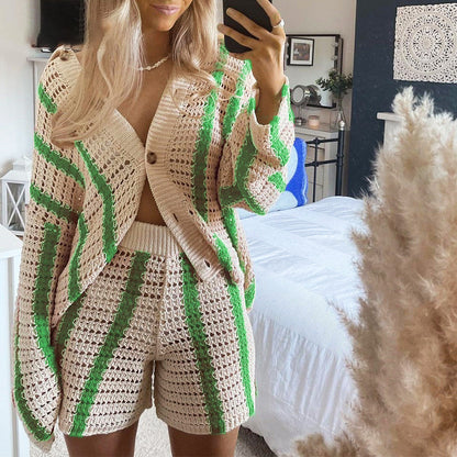 Autumn Sweet Striped Hollow Out Cutout Two Piece Knitted Cardigan Coat