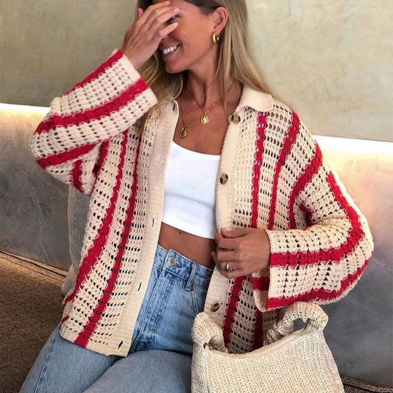 Autumn Sweet Striped Hollow Out Cutout Two Piece Knitted Cardigan Coat