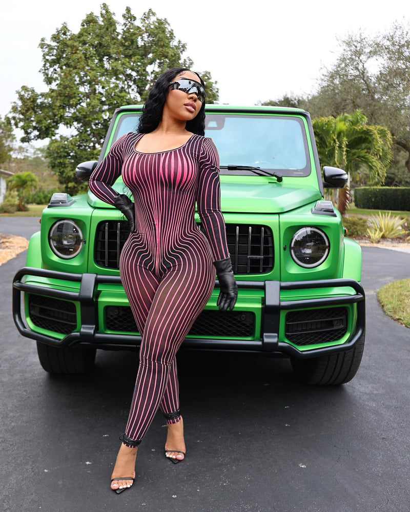 Clothing Square Collar Positioning Printing Nightclub Sheer Mesh Jumpsuit