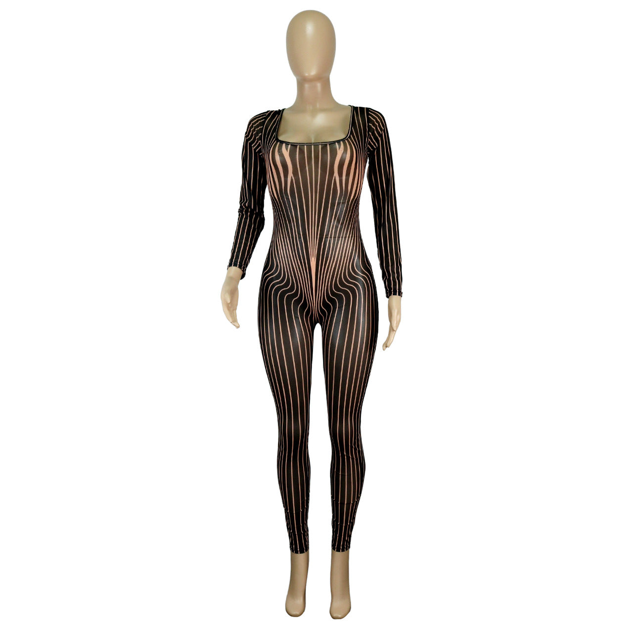 Clothing Square Collar Positioning Printing Nightclub Sheer Mesh Jumpsuit