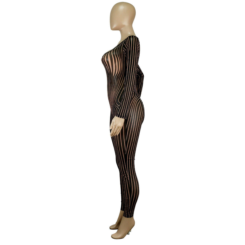 Clothing Square Collar Positioning Printing Nightclub Sheer Mesh Jumpsuit