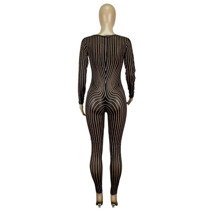Clothing Square Collar Positioning Printing Nightclub Sheer Mesh Jumpsuit