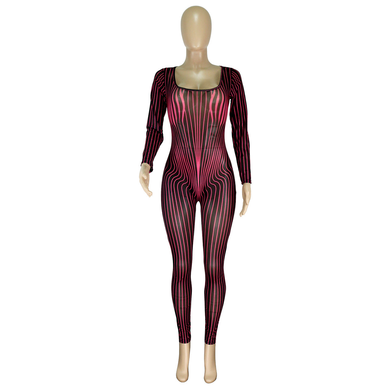 Clothing Square Collar Positioning Printing Nightclub Sheer Mesh Jumpsuit