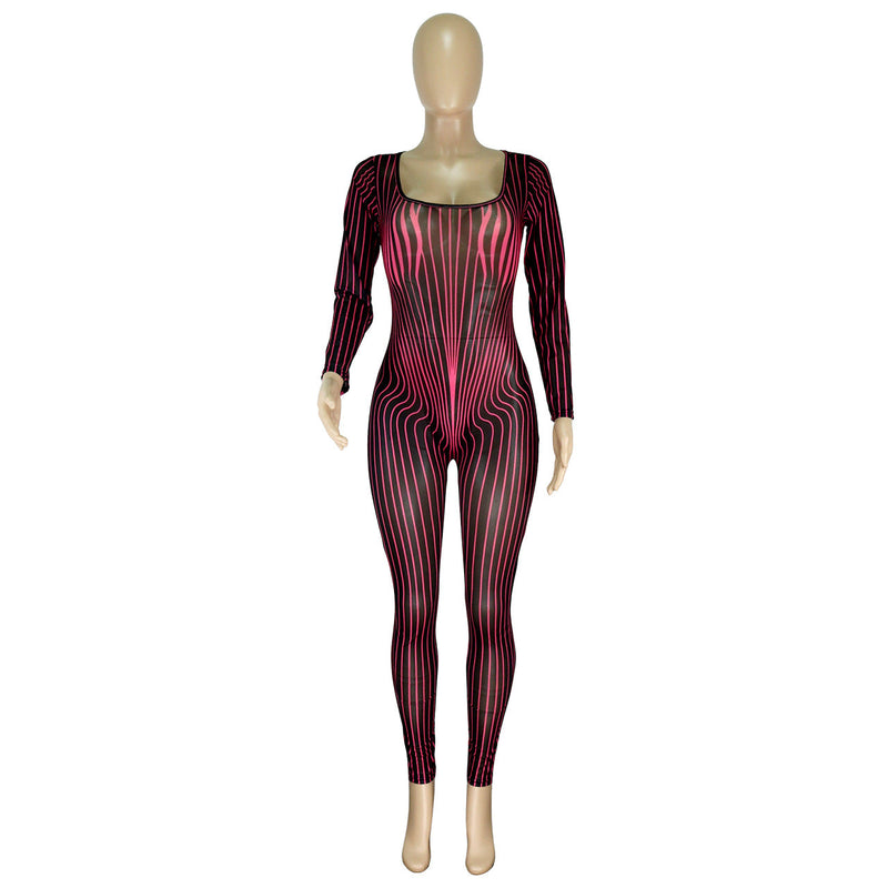 Clothing Square Collar Positioning Printing Nightclub Sheer Mesh Jumpsuit