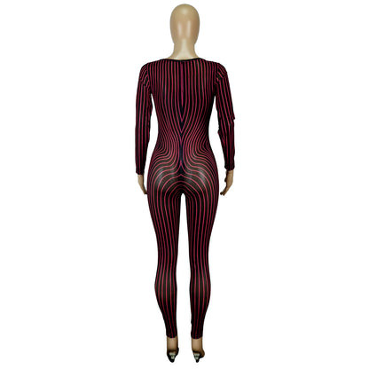 Clothing Square Collar Positioning Printing Nightclub Sheer Mesh Jumpsuit