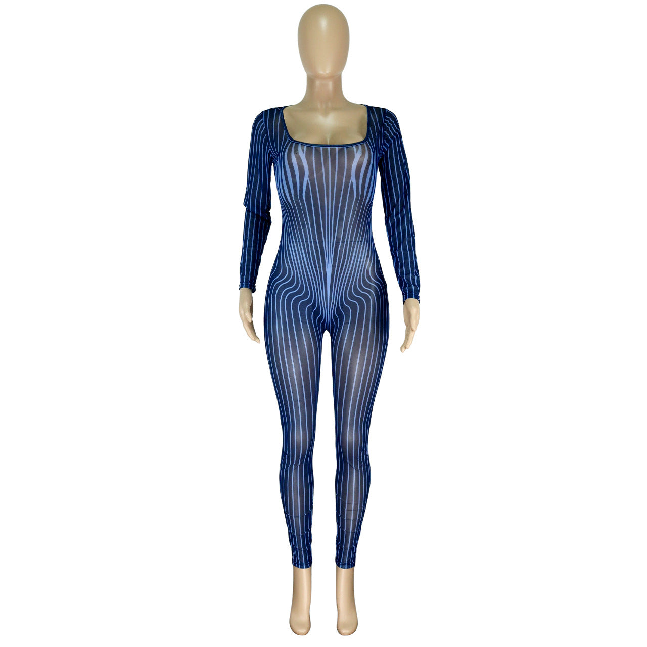 Clothing Square Collar Positioning Printing Nightclub Sheer Mesh Jumpsuit