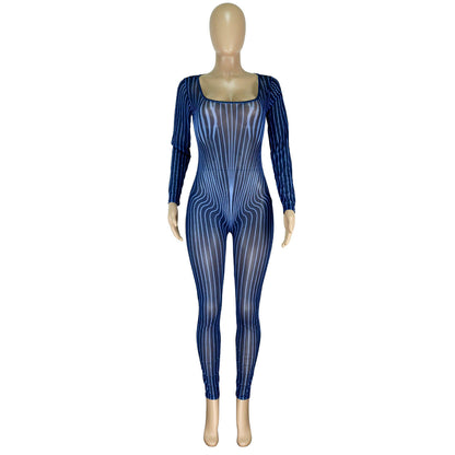 Clothing Square Collar Positioning Printing Nightclub Sheer Mesh Jumpsuit