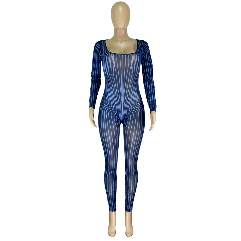 Clothing Square Collar Positioning Printing Nightclub Sheer Mesh Jumpsuit
