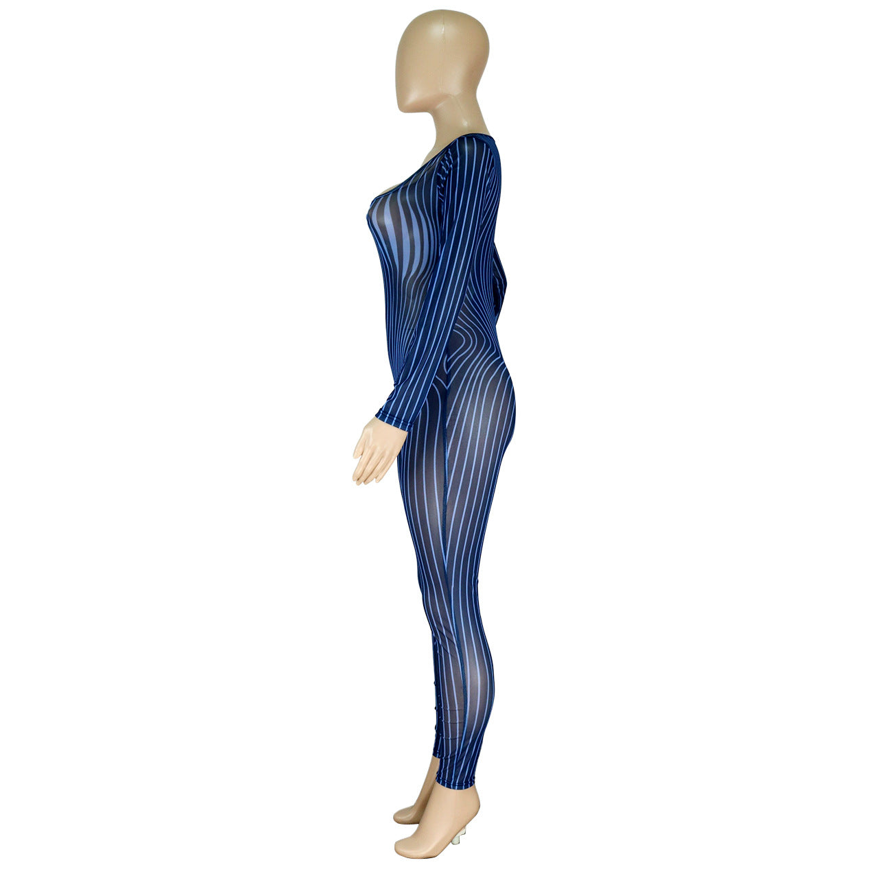 Clothing Square Collar Positioning Printing Nightclub Sheer Mesh Jumpsuit