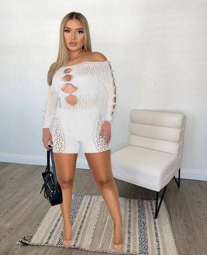 Spring Summer Thread Mesh Pearl Buckle Off-shoulder Siamese Shorts