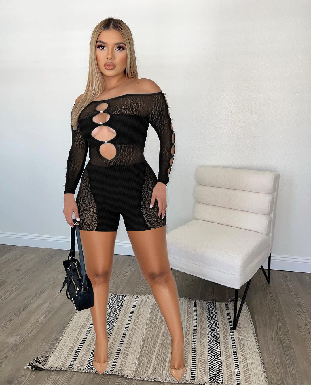 Spring Summer Thread Mesh Pearl Buckle Off-shoulder Siamese Shorts