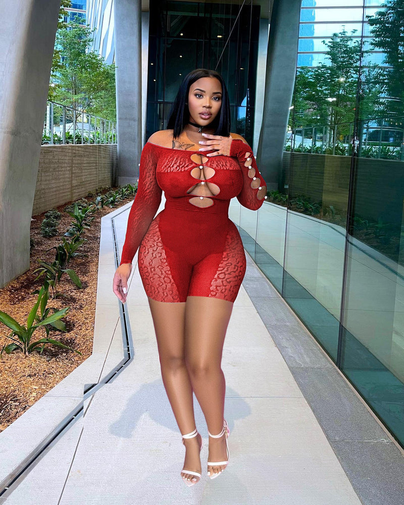 Spring Summer Thread Mesh Pearl Buckle Off-shoulder Siamese Shorts