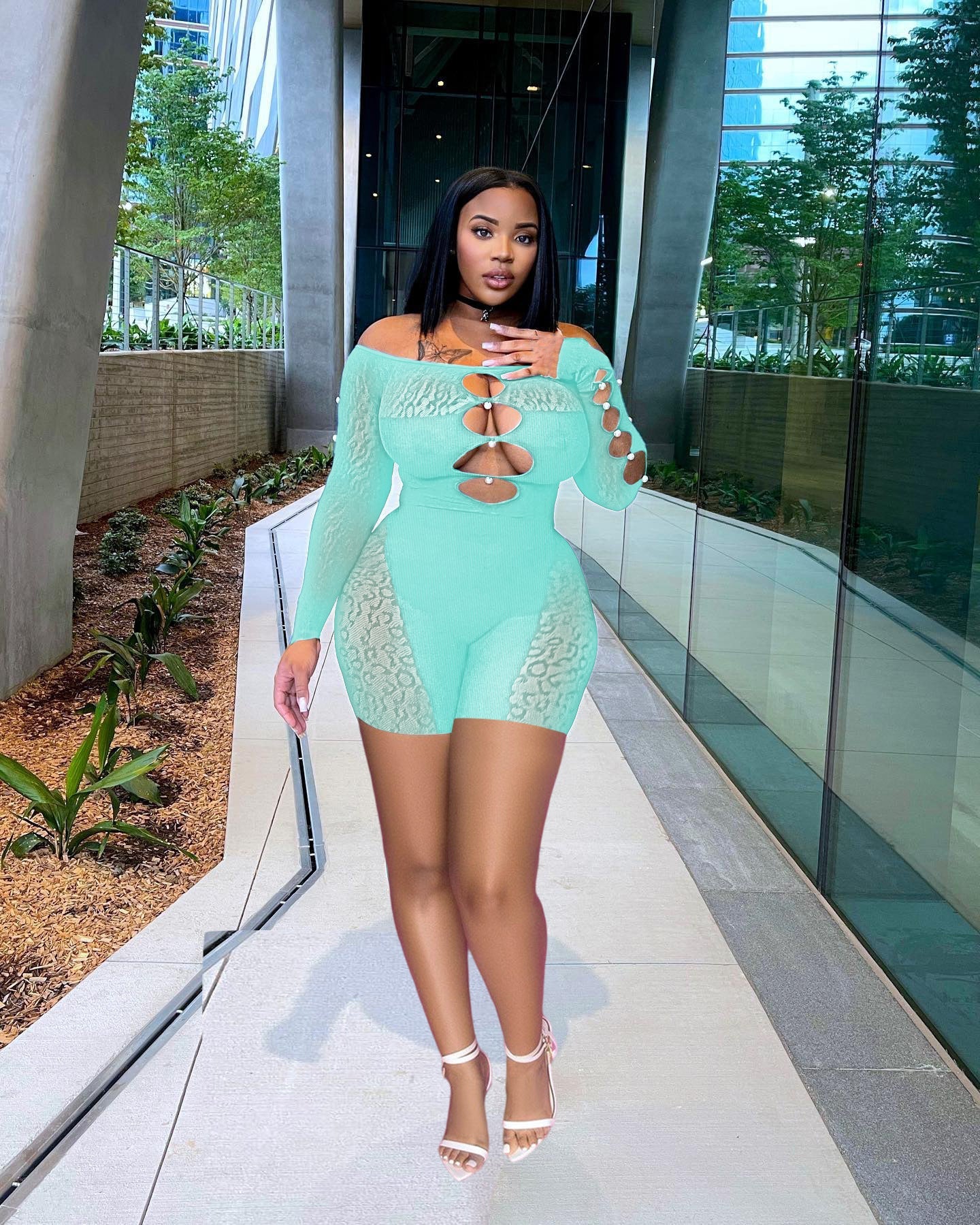 Spring Summer Thread Mesh Pearl Buckle Off-shoulder Siamese Shorts