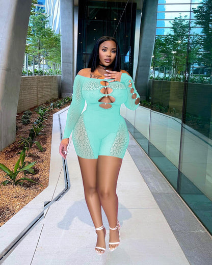Spring Summer Thread Mesh Pearl Buckle Off-shoulder Siamese Shorts