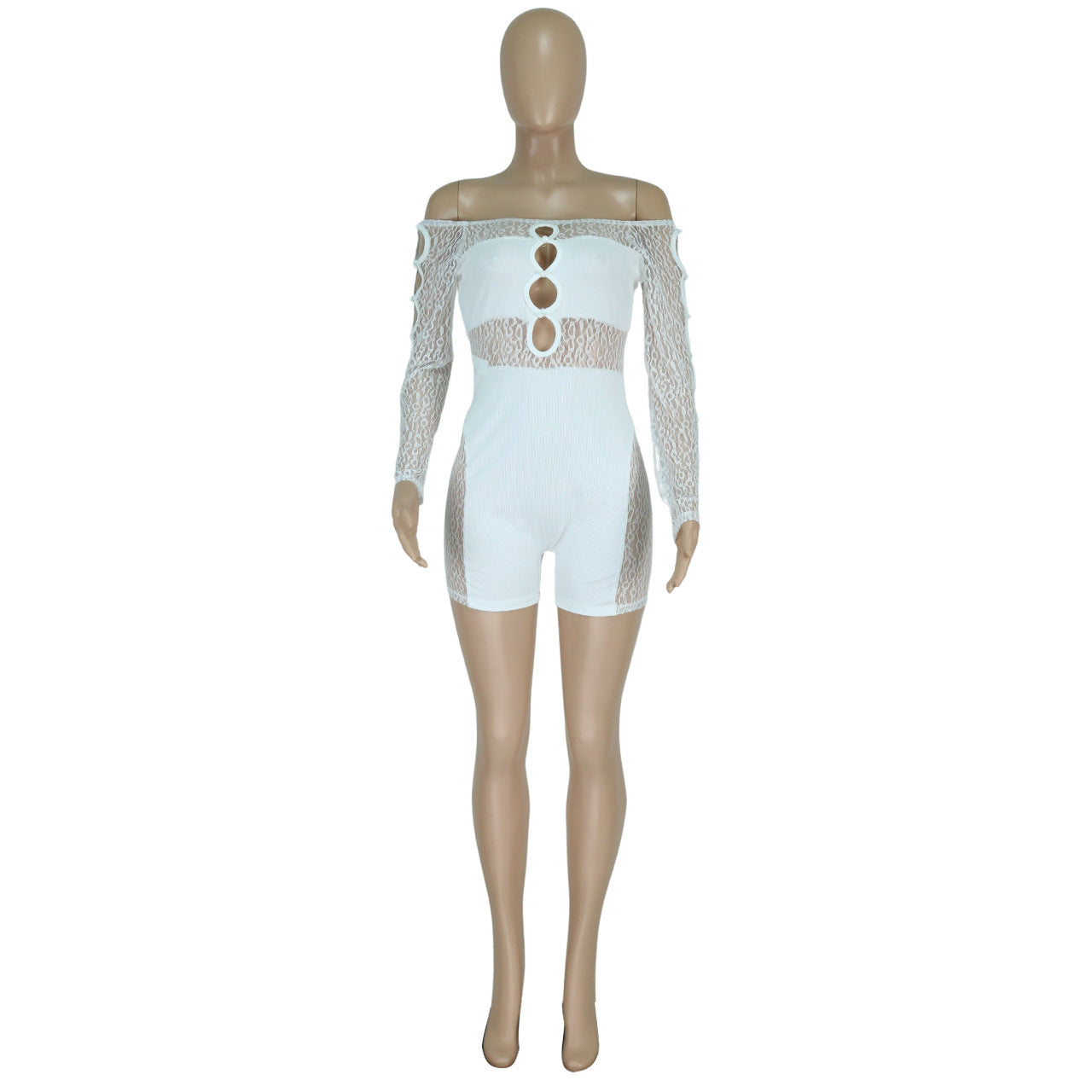 Spring Summer Thread Mesh Pearl Buckle Off-shoulder Siamese Shorts