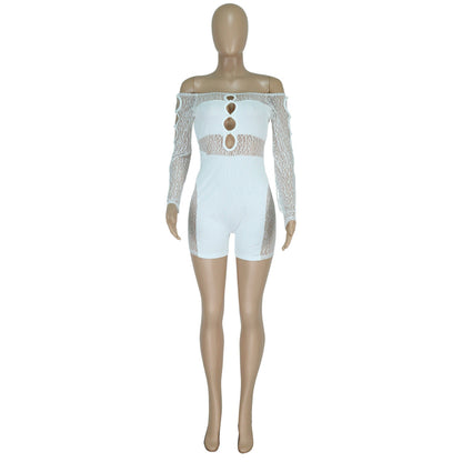 Spring Summer Thread Mesh Pearl Buckle Off-shoulder Siamese Shorts