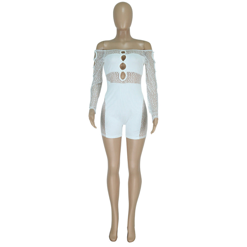 Spring Summer Thread Mesh Pearl Buckle Off-shoulder Siamese Shorts