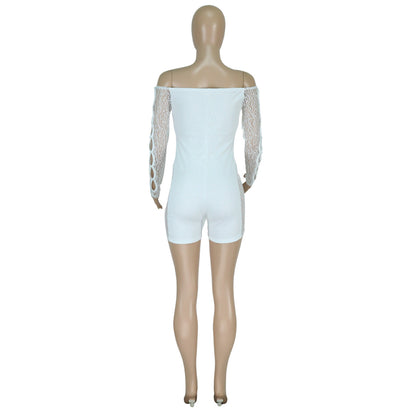 Spring Summer Thread Mesh Pearl Buckle Off-shoulder Siamese Shorts