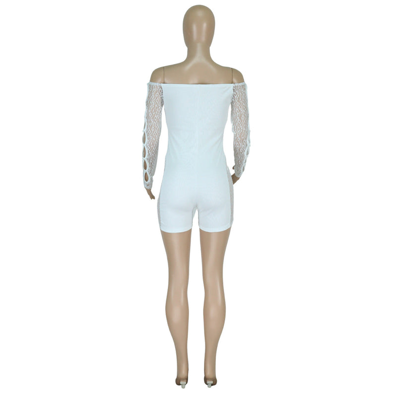 Spring Summer Thread Mesh Pearl Buckle Off-shoulder Siamese Shorts