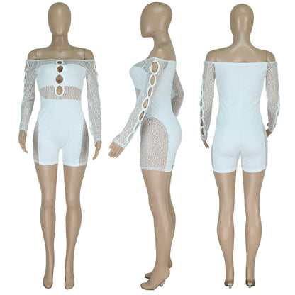 Spring Summer Thread Mesh Pearl Buckle Off-shoulder Siamese Shorts