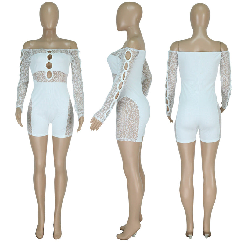 Spring Summer Thread Mesh Pearl Buckle Off-shoulder Siamese Shorts