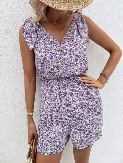 Summer Ruffled Button V Neck Rompers
