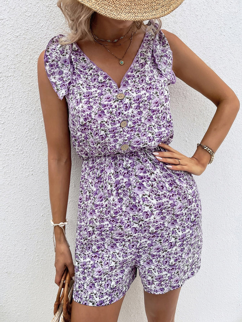 Summer Ruffled Button V Neck Rompers