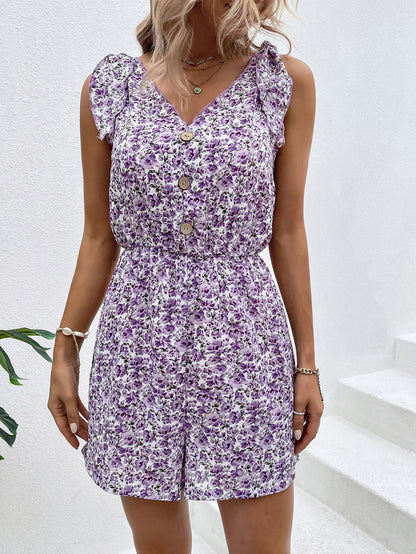 Summer Ruffled Button V Neck Rompers