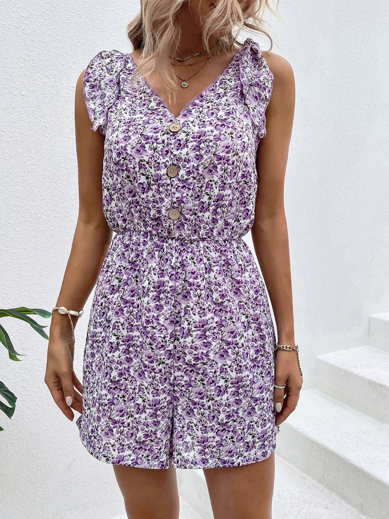 Summer Ruffled Button V Neck Rompers