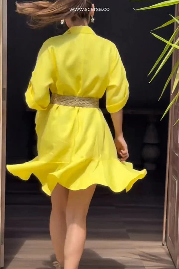 Color Lapel Pocket Ruffle Loose Mini Dress