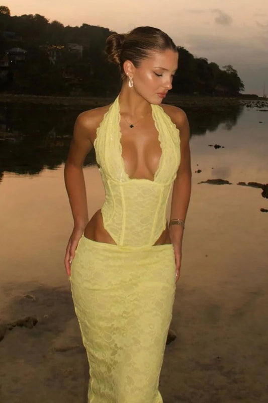 Halter Hollow Waist Split Maxi Dress