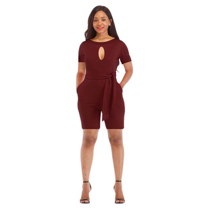Classic Color Round Neck Hollow Out Cutout Out Short Sleeved Jumpsuit