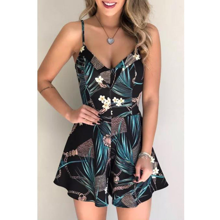 Clothing Summer Spaghetti Strap High Waist Short Flared Jumpsuit