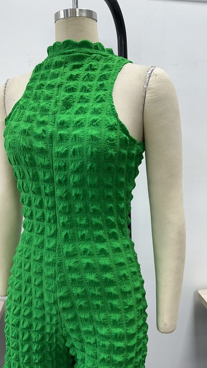 Clothing Color Zipper Collar Seersucker Jumpsuit