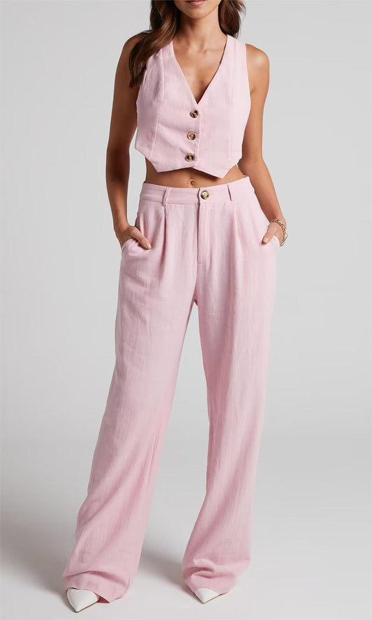 Clothing French All Match Decorated Row Button Vest Top Wide Leg Pants Suit Crisscross