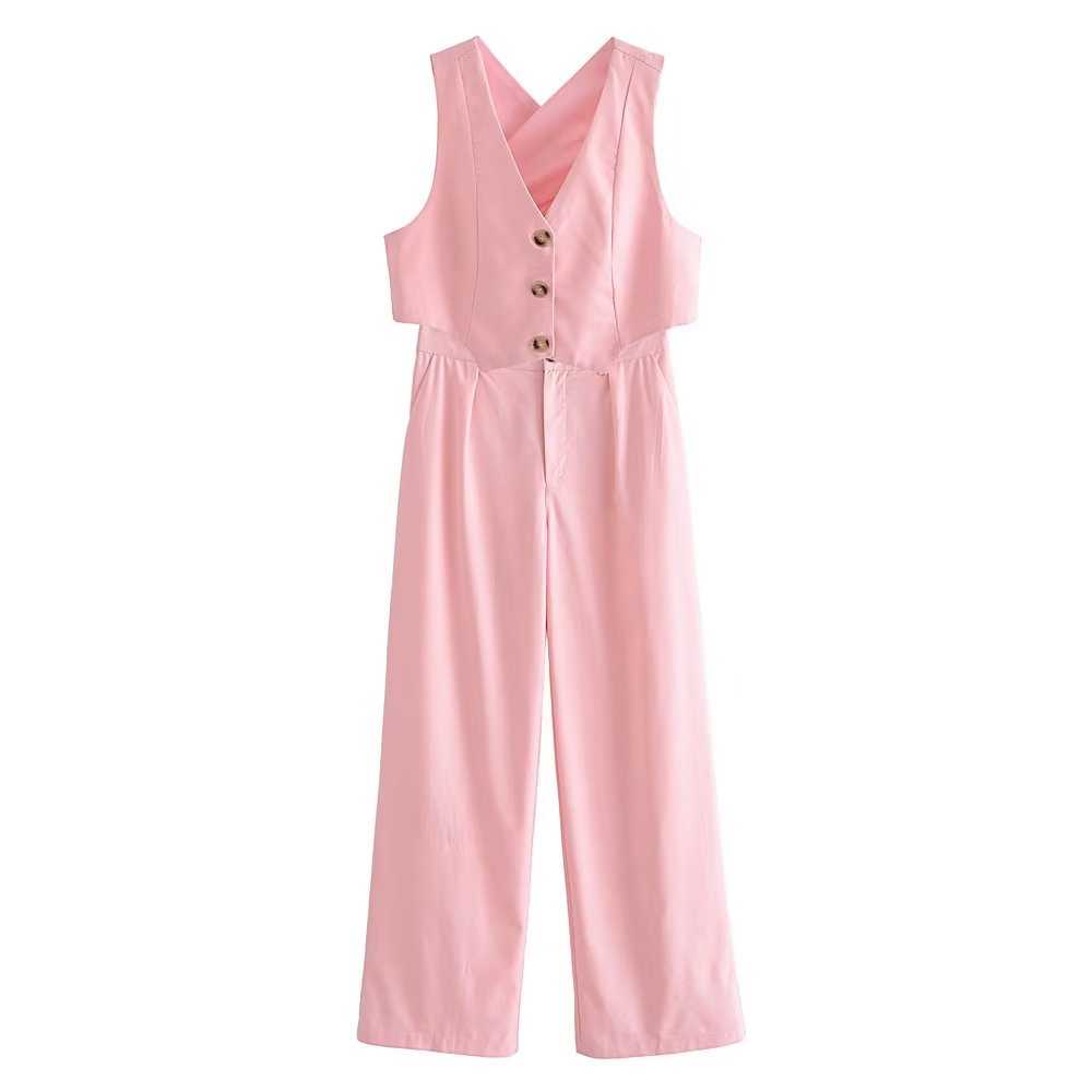 Clothing French All Match Decorated Row Button Vest Top Wide Leg Pants Suit Crisscross