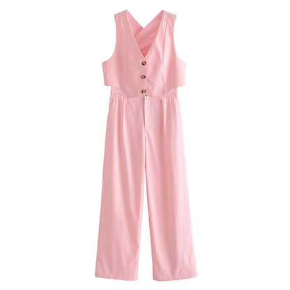 Clothing French All Match Decorated Row Button Vest Top Wide Leg Pants Suit Crisscross