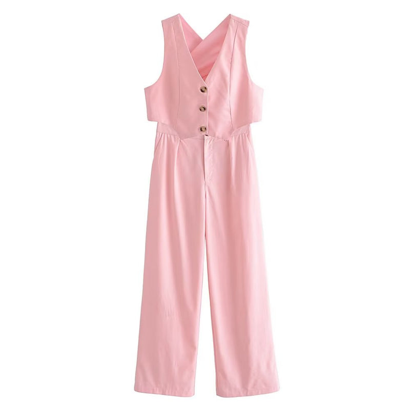 Clothing French All Match Decorated Row Button Vest Top Wide Leg Pants Suit Crisscross