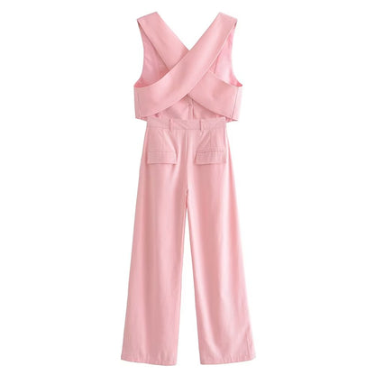 Clothing French All Match Decorated Row Button Vest Top Wide Leg Pants Suit Crisscross