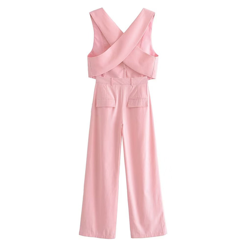 Clothing French All Match Decorated Row Button Vest Top Wide Leg Pants Suit Crisscross